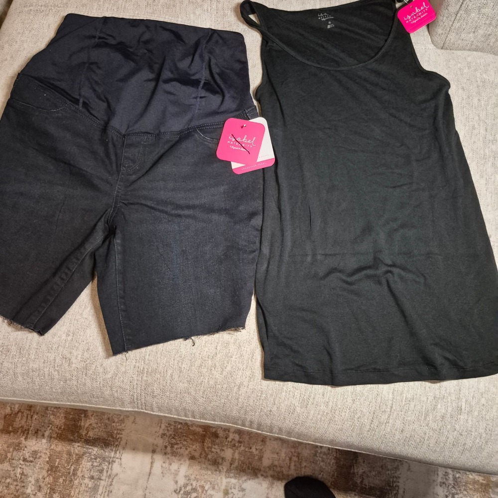 Isabel Maternity Ingrid & Isabel Black Bermuda Denim Shorts & Tank Top Set NWT